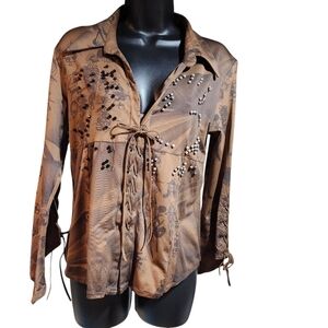 Vintage Montanaco Womens Bell Sleeve Front Tie Beaded Peasant Blouse Size M